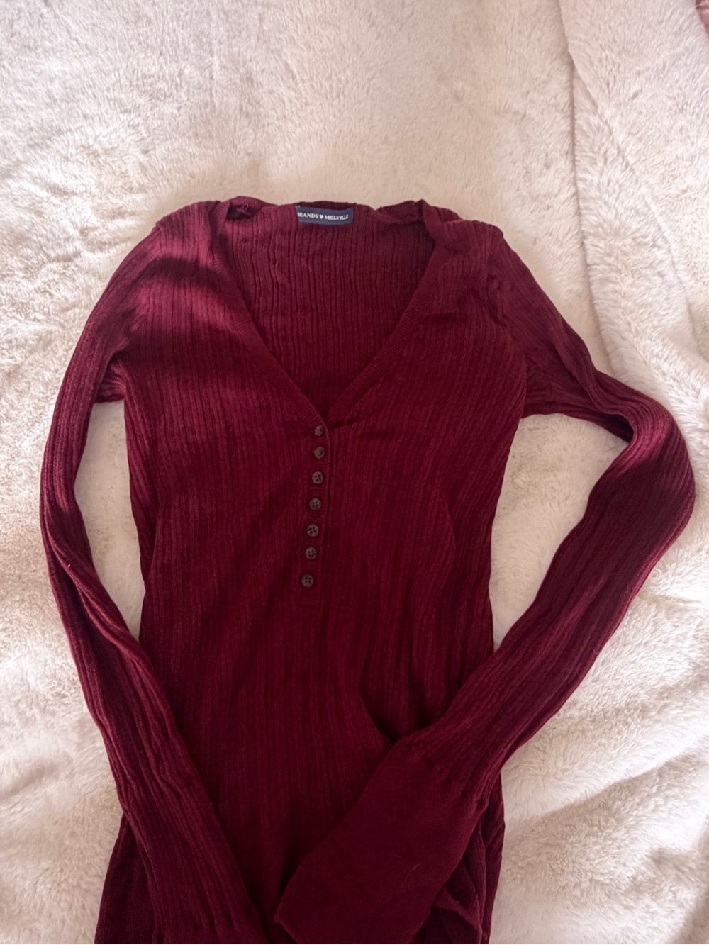 Brandy Melville Wine Ribbed Henley Long Sleeve Top
